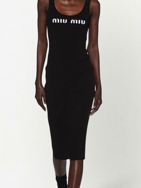 Miu Miu Black Ribbed Logo Midi Dress